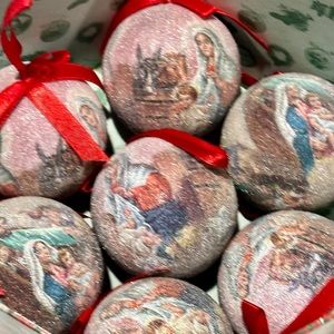 Vintage Frosted Nativity Christmas Ornaments Set w/ Holy Family Box